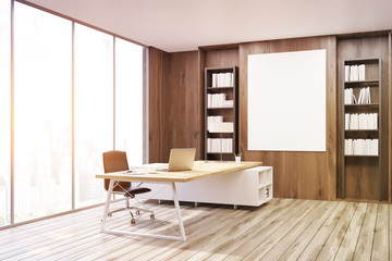CEO office with dark wooden walls, corner, toned