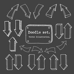 Doodle sketch arrows hand drawn with white chalks on blackboard background. Vector arrow collection. Arrow sketch vector set. Hand drawn vector shapes. Doodle style decorative elements for infografic.