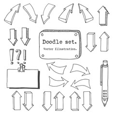 Hand drawing vector arrow collection, doodle illustration on white background. Arrow sketch vector set. Hand drawn vector shapes. Doodle style decorative elements for infografic.