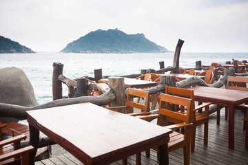 Restaurant on the coast, view of the waves crashing