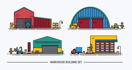 Set of warehouse buildings of different shape with freight transport. Isometric. Lineart. Colorful.