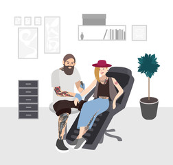 Tattoo master at work. Professional tattooer doing tattoo to young woman in studio. Tattooist with client. Flat illustration.