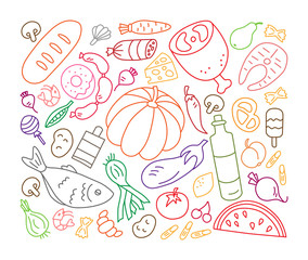 Food. Set of elements in doodle and cartoon style. Colorful