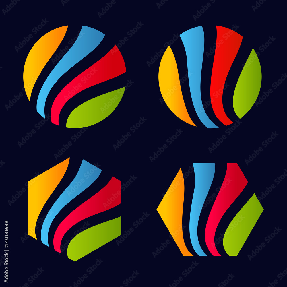 Poster Isolated abstract colorful striped geometric round shape logo and hexagons set on black background vector illustration