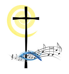 Musical notes with a cross, abstract religious christian music or hymn symbol and concept.