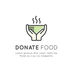Vector Icon Style Illustration Card or Poster Template with Charity and Fundraising Objects. Volunteer Poster. Share Food, Event Brochure Template.