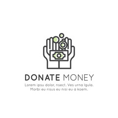 Vector Icon Style Illustration Card or Poster Template with Charity and Fundraising Objects. Volunteer Poster. Share Money, Deposit, Event Brochure Template.