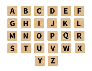 Vector word puzzling game. Alphabet on wooden tiles, front view. Black symbols on textured wood background