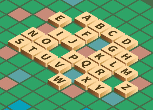 Vector isometric word puzzling game. Alphabet on wooden tiles in isometric projection. Game board background