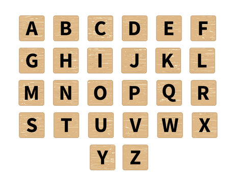 Vector Word Puzzling Game. Alphabet On Wooden Tiles, Front View. Black Symbols On Textured Wood Background