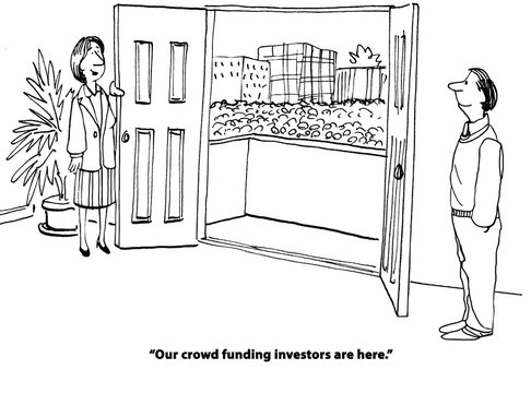 Business cartoon showing two entrepreneurs looking at a sea of people, their crowd funding investors. 