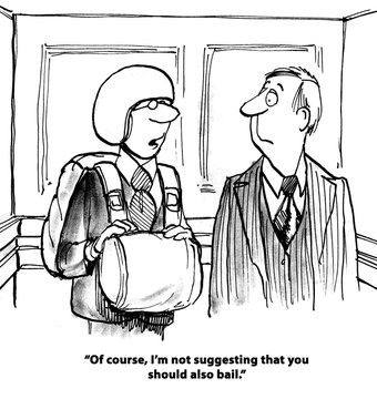 Business cartoon showing executive wearing a parachute and saying to coworker, '... also bail'.