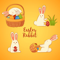 Сard with Easter funny rabbits. Inscription - Easter rabbit. Four Easter bunny on a yellow background.