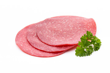 Salami smoked sausage one slice isolated on white background cutout.