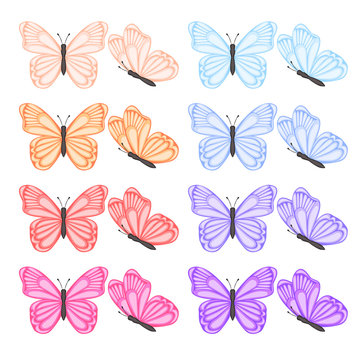 Collection of colored butterflies on a white background.