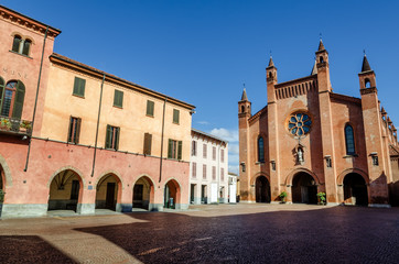 Fototapeta na wymiar Piazza Risorgimento, main square of Alba (Piedmont, Italy) with Saint Lawrence cathedral