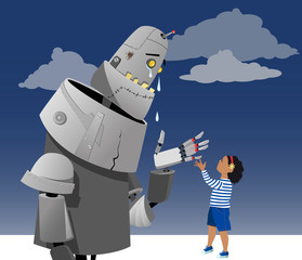 Giant robot crying, little girl comforting it, EPS 8 vector illustration, no transparencies 