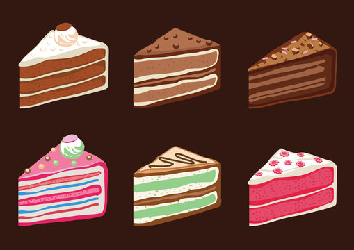 Set of Colorful sweet cakes slices pieces. Isolated on a braun background 