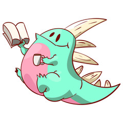 Colorful vector illustration of a cute dinosaur or a dragon, reading a book and having a cup of coffee or tea