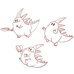 Set of vector line art drawing dinosaurs or dragons. Cooking, joging and reading a book.