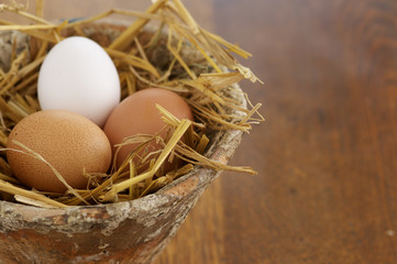 Nest made of straw with eggs in a flower pot, close-up