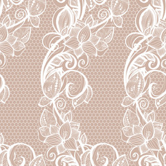 Seamless pattern white lace background. Old vintage lace texture, floral ornament with butterfly, swirls and curls, and leaves. Perfect for invitation or greeting card, wallpaper, textile, interior