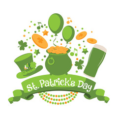 Happy Saint Patrick's Day Party festive hat, burst, text and shamrock design. For celebration of St. Patrick's Day. EPS 10 vector.