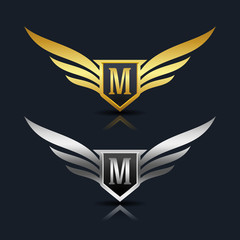 Wings Shield Letter M Logo Template 