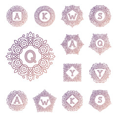 Monogram bage logo vector illustration text letter nature leaf badge emblem line set collection sign ornament element vintage frame elegant ornament