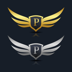Wings Shield Letter P Logo Template 