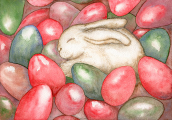 Easter bunny sleep in the colorful eggs / watercolour illustration