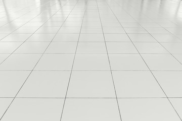 White tile floor background in perspective view. Clean, shiny, symmetry with grid line texture. For...