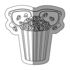 monochrome contour sticker with popcorn cup and glasses 3D vector illustration