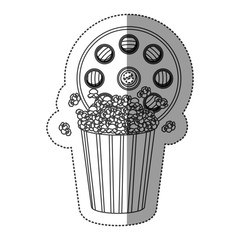 monochrome contour sticker with cinematography tape and popcorn vector illustration