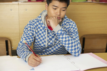 Reflective student doing assignment