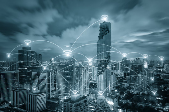 Wifi icon and city scape and network connection concept, Smart city and wireless communication network, abstract image visual, internet of things