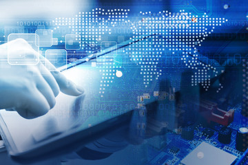 World digital concept of young woman are using digital tablet with technology design