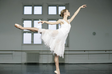 A female ballet dancer doing a arabesque