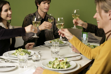 Group toasting with white wine during a dinner