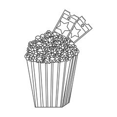 grayscale contour of popcorn container with movie tickets inside vector illustration