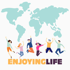 Group of young people jumping over world map with white background