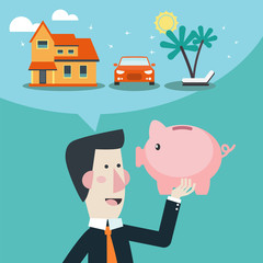 Obraz na płótnie Canvas Business man holds piggy bank in his hand and dreams about house, car and holiday. Saving and investing money concept