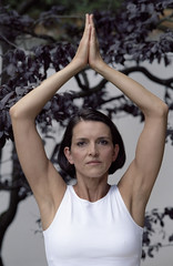 Fototapeta na wymiar Dark-haired Woman lifting her Arms up - Yoga - Tree
