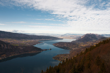 Fototapeta na wymiar Annecy Lake Aerial View from Col De Forclaz Viewpoint in French Alps. Horizontal
