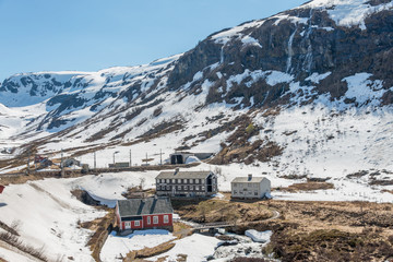 Snowy mountain at Myrdal station of Flamsbana train line, Norway.