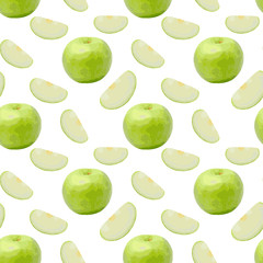 Green apple with slice seamless pattern on white