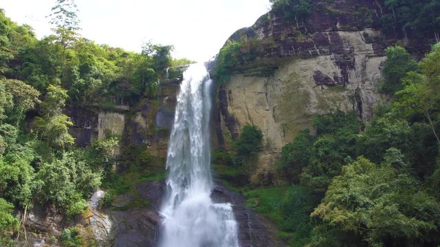 Ramboda Falls in Sri Lanka. Vertical Pan