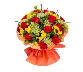 Bouquet of flowers top view on white background