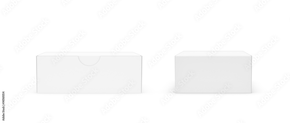 Poster 3d rendering of a white rectangular box with a closed attached lid in front and back views on white 