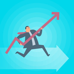 Businessman runs with increasing graph arrow. Business success flat concept illustration. Man, growth arrow as a symbol of advance in management. Profit, income, improve business vector design element